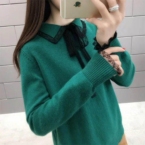 

Elegant Lace Turn-down Collor Sweater Women Jumper 2021 Autumn Winter Long Sleeve Knitted Pullover Sweater Female Khaki