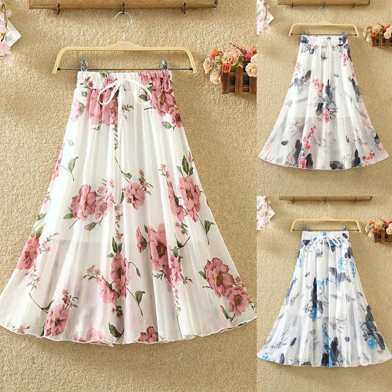 

Elastic Waist Chiffon mid length skirt spring and summer high waist slim skirt slim women's A-line skirt swing skirt