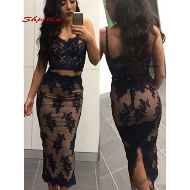 

Короткие коктейльные платья, черные кружевные женские вечерние платья из двух частей для выпускного вечера, средней длины