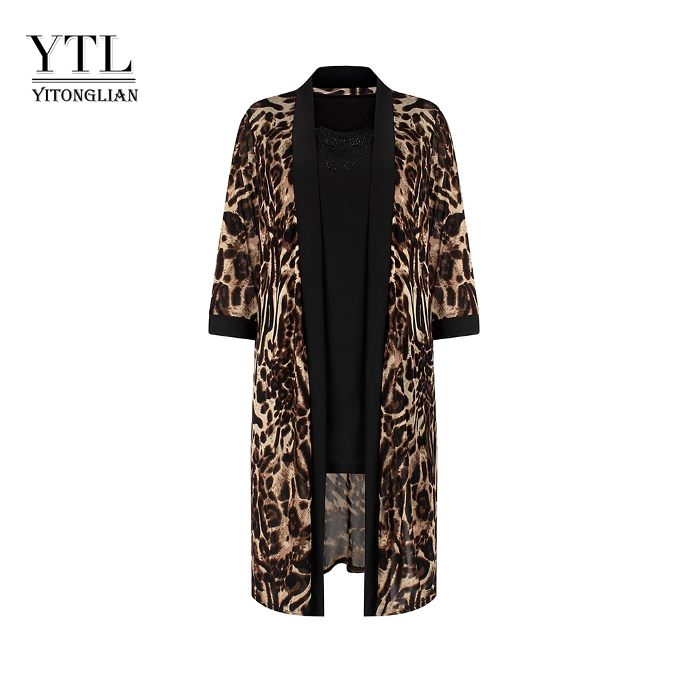 Yitonglian Summer Long Leopard Mesh Beach Cover-up Chiffon Plus Size Cardigans With Vest Blouse Shirt Casual Thin Cardigan W017