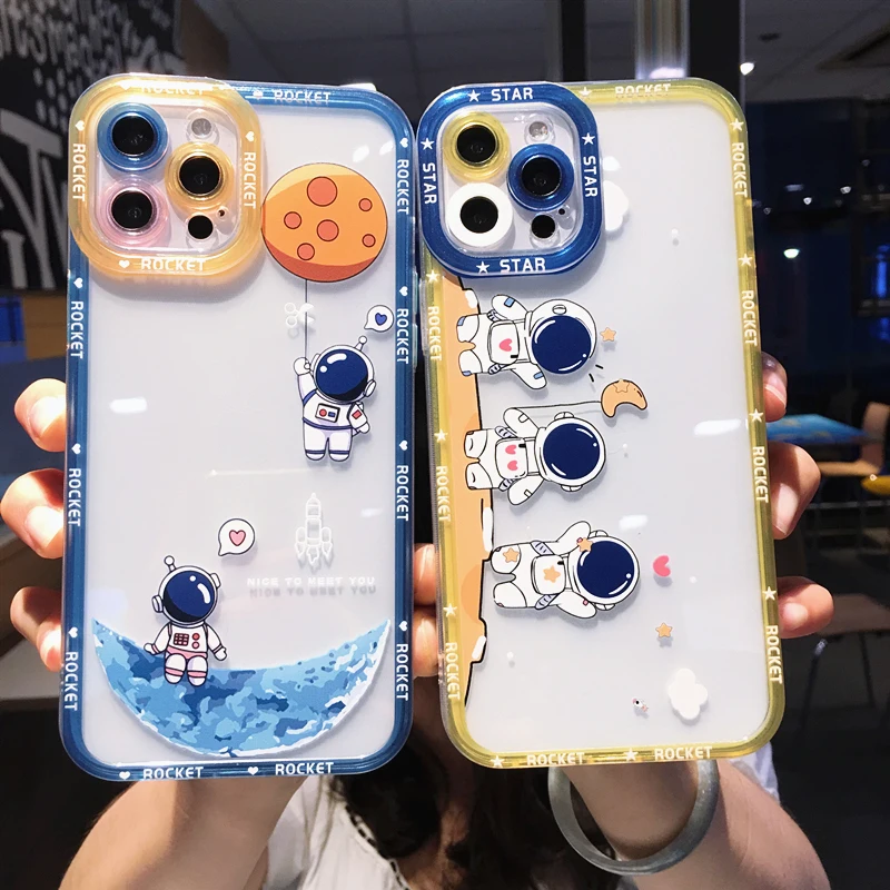 

USLION Cartoon Astronaut Space Planet Phone Camera Shockproof Case For iPhone 13 11 12 Pro Max X XR XS XSmax 7 8 Plus Clear TPU