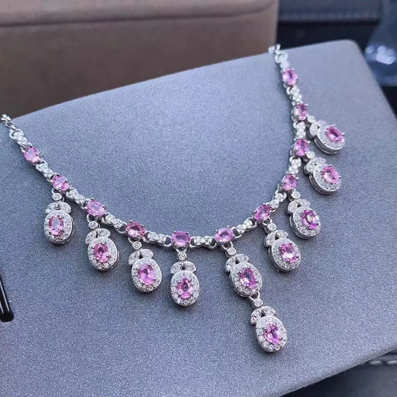 ?? S925 シルバー天然ピンクサファイアネックレス女性cutedでファッションチョーカー証明書トップ品質ファインジュエリーダンスパーティー
