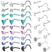 zs 1 piece colorful stainless steel nose stud cute butterfly heart nose piercings retainer l shape nostril piercing jewelry 20g