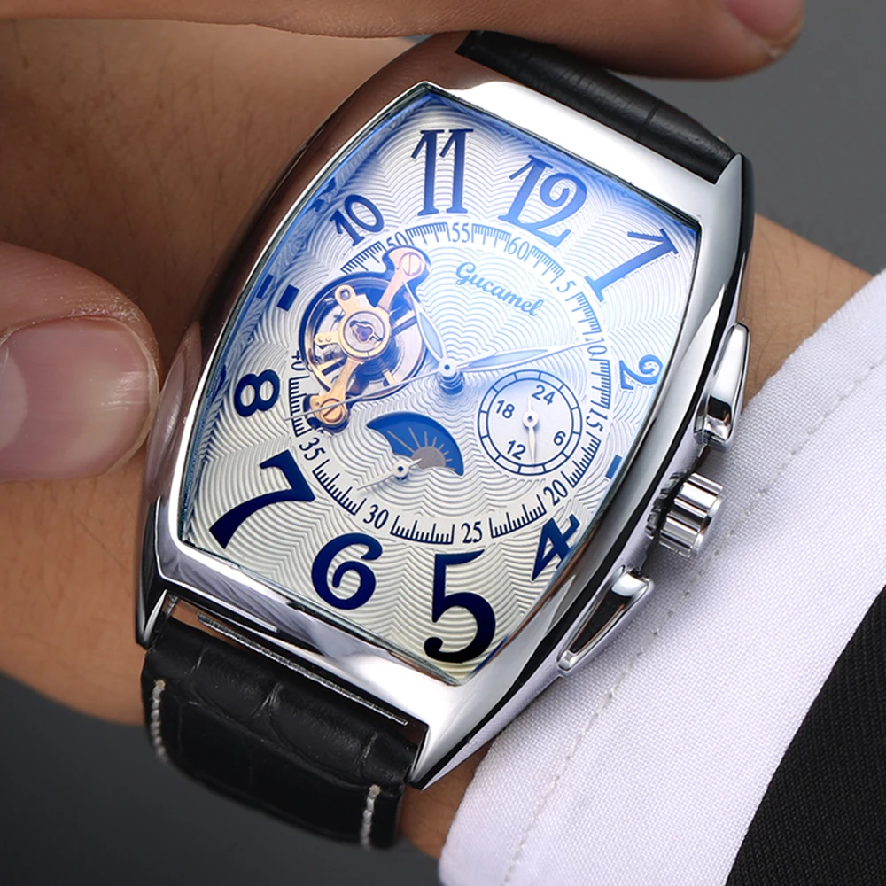 Top Luxury Mens Watches Tonneau Waterproof Dive Hollow Mechanical Watch Steel Automatic Dress Tourbillon Clock Relógio masculino