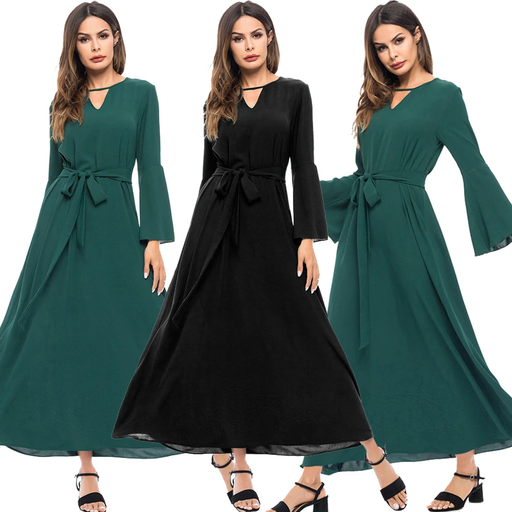 

Muslim Long Dress Islamic Women Solid Color Dubai Kaftan Flare Sleeve V-neck Fashion Arabic Abaya Middle East Ramadan Maxi Robe