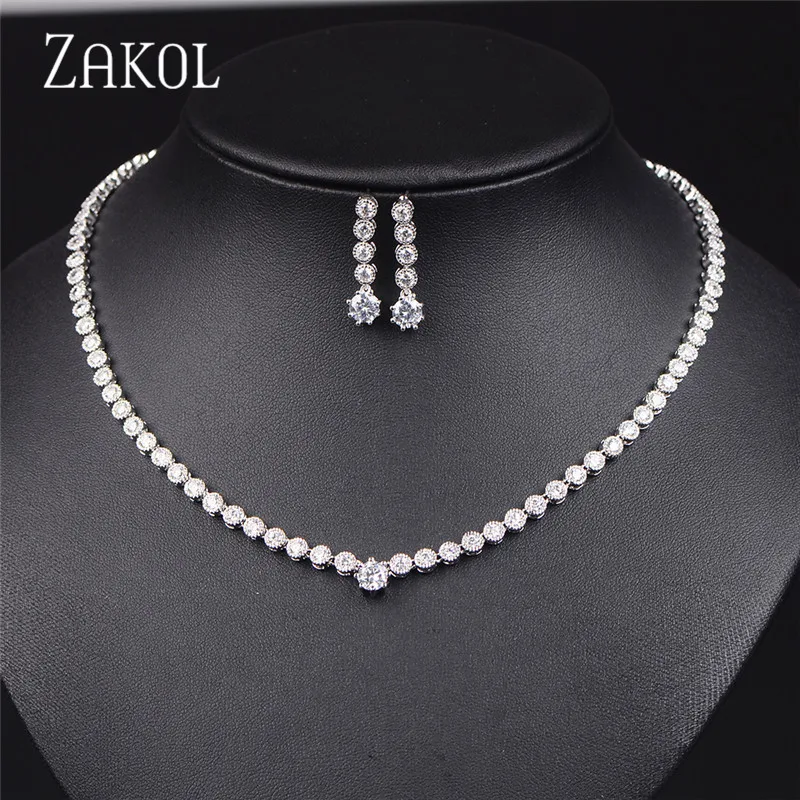 White ZAKOL модный белый цвет круглый кубический циркон серьги ожерелье наборы свадебных ювелирных изделий для женщин Свадебные распродажа FSSP169 - Окраска металла: White