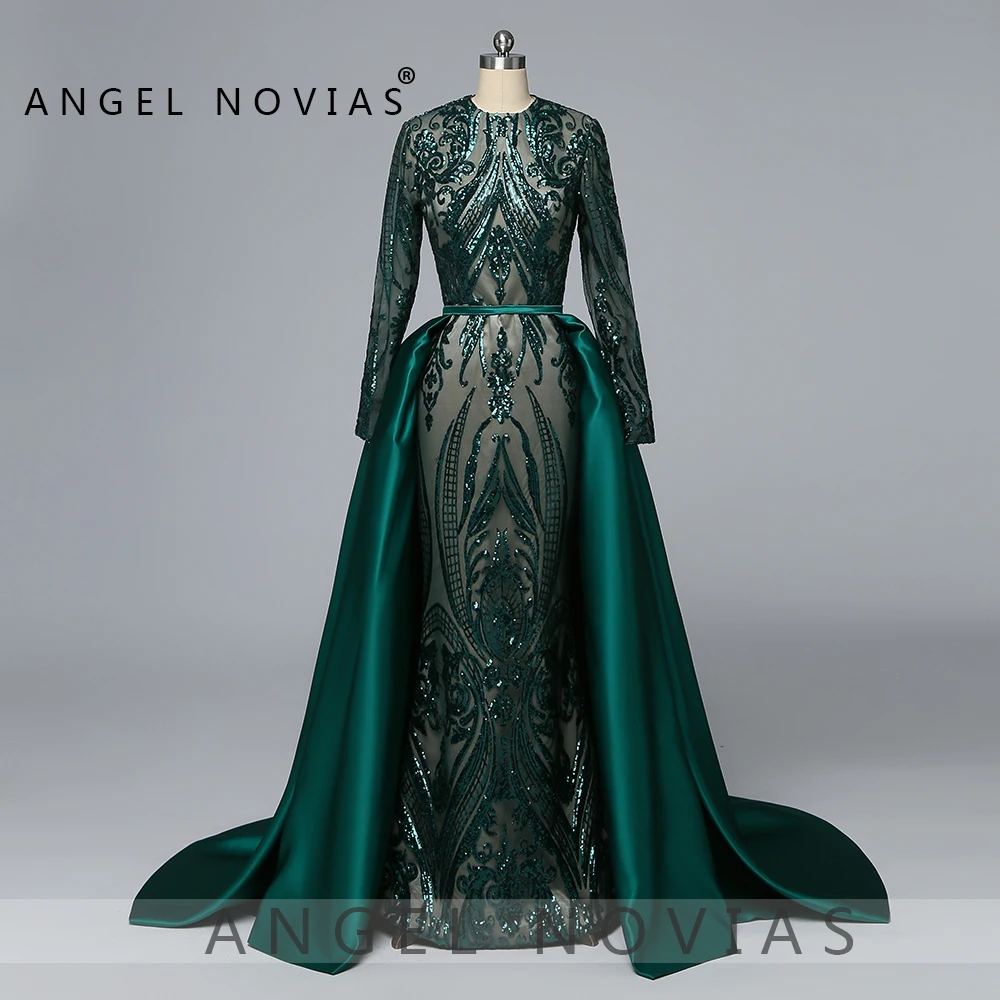Angel Novias, настоящее мусульманское зеленое вечернее платье с длинными рукавами,, Frauen Abend Kleid, вечерние платья на выпускной со съемной юбкой