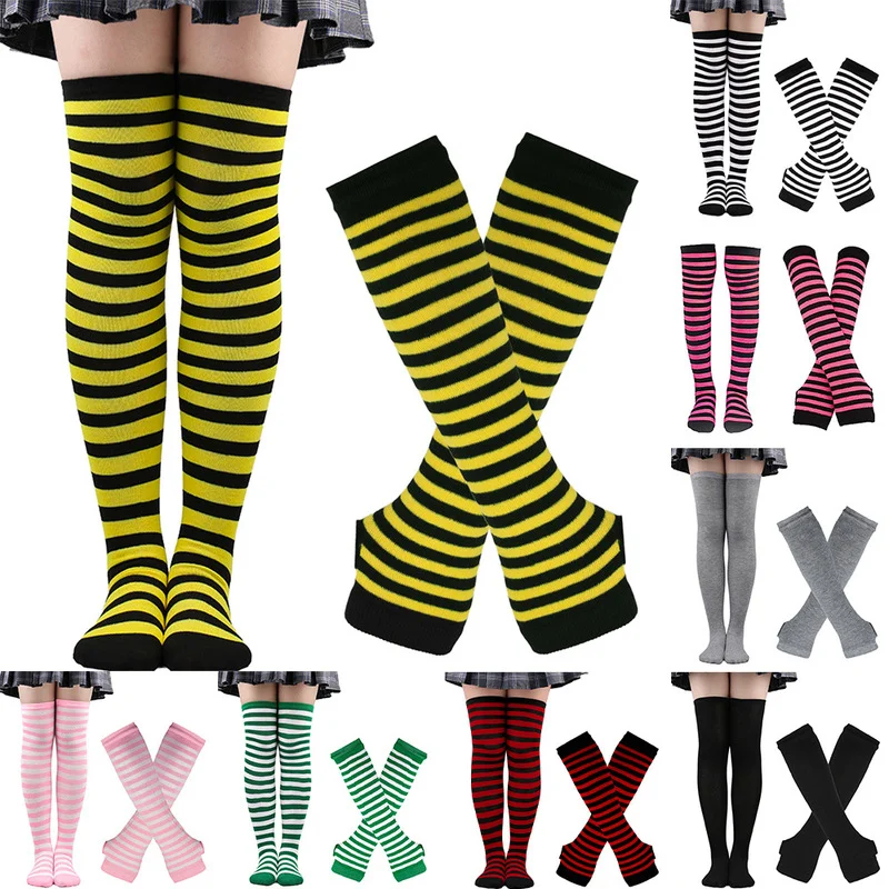 Womens Sleeve High Socks Set Stripes Over Knee Arm Warmer Fingerless Gloves Set Fancy Dress Cosplay Party Costume