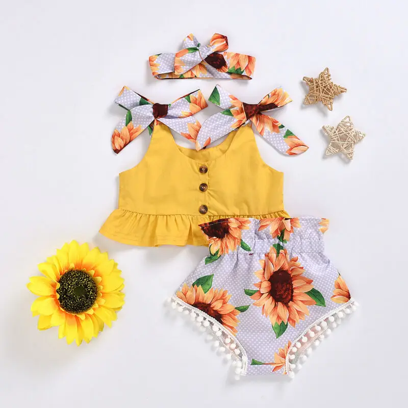 

0-24M Summer Baby Girls Ruffle Bowknot Vest Kids Crop Tops+Sunflower Tassel Shorts Headband Outfits Toddler Set