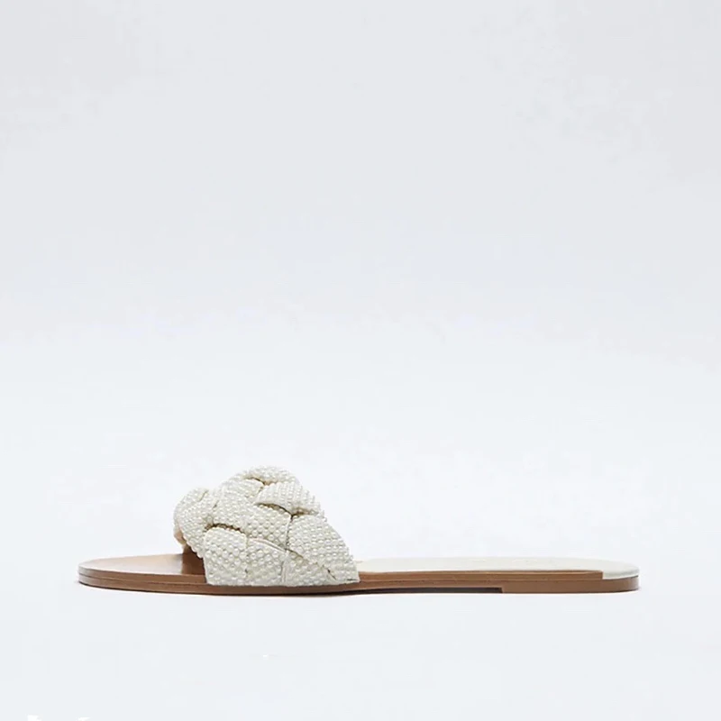 

2021 Brand Pearl Slippers Women Summer New Open Toe Flat Casual Sandals Slides Beach Flip Flops Shoes Women