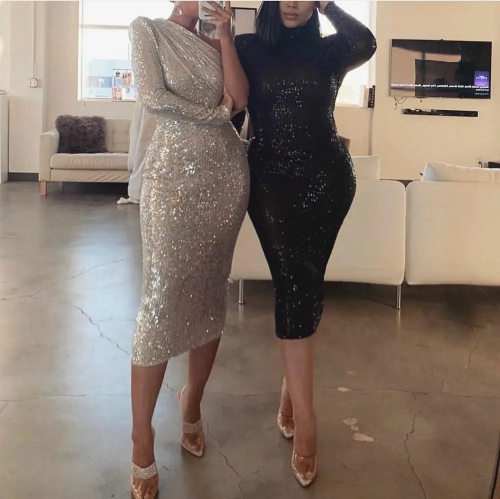 

Платье женское с длинным рукавом и блестками, черное/серебристое Сетчатое, с высокой горловиной, для вечеринок, на зиму, 2021