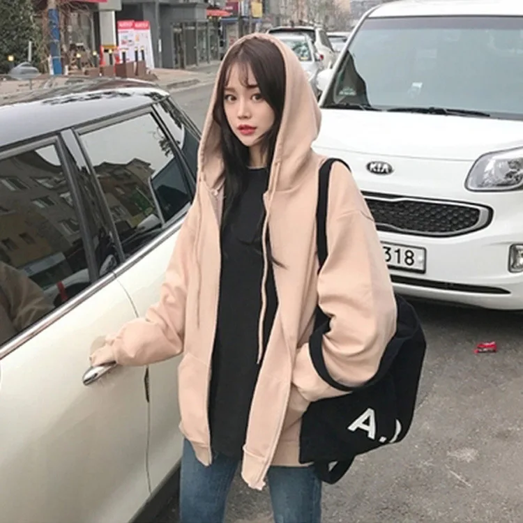 Solid Color Hooded Sweater Women's Zipper Cardigan Spring and Autumn BF Casual Sports Coat Loose All-match Brushed Hoody | Женская
