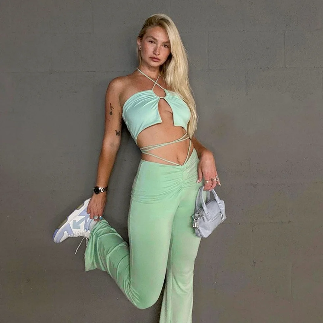 

Green New Solid Color Lace-up Halter Neck Halter Top, Low Waist Bag Buttocks Women's Trousers Two-piece Suit Jumpsuits for Women