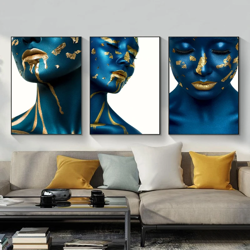 Золотистые синие постеры для девушек макияж женщин Печать на холсте картина в