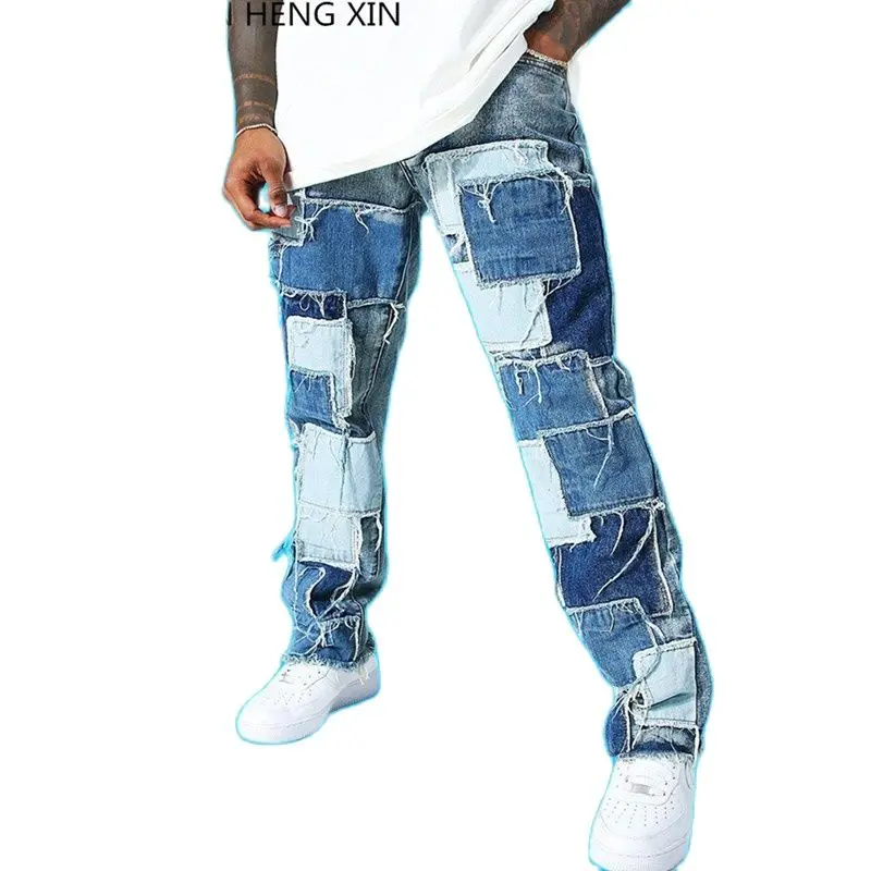2021 NEW Color Block Stretchy High Men Jeans Casual Trousers Streetwear Patchwork Boyfriend Blue black slim Straight Pants
