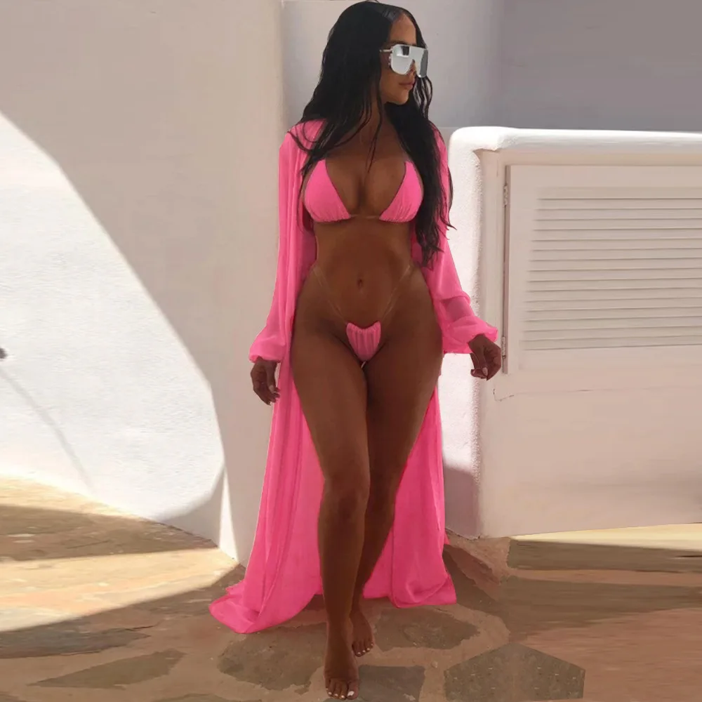 

Women's Bathing Suits Transparent String Feminine Micro Bikinis With Long Bech Robe 3 Piece Set Swimming Summer Costumes