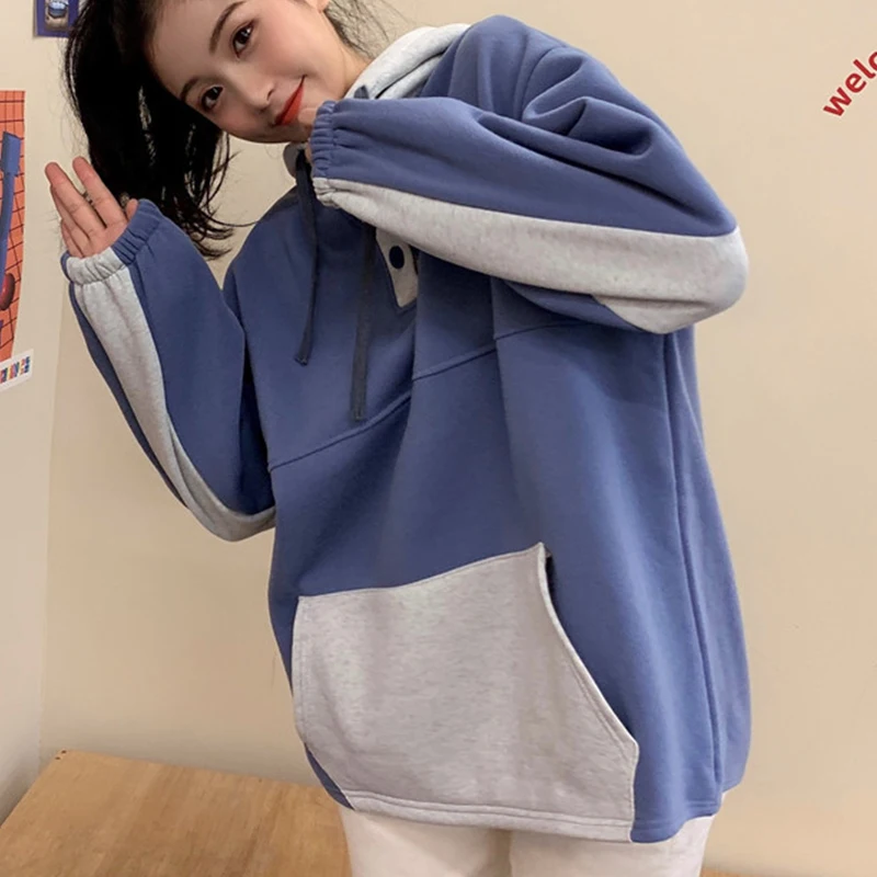 

Винтажный синий пуловер на пуговицах, толстовки большого размера, Женское пальто, повседневное пальто с карманами на осень и зиму, плотный т...