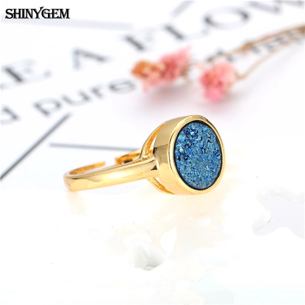 ShinyGem винтажные кольца с натуральным кристаллом Druzy круглые регулируемым золотым
