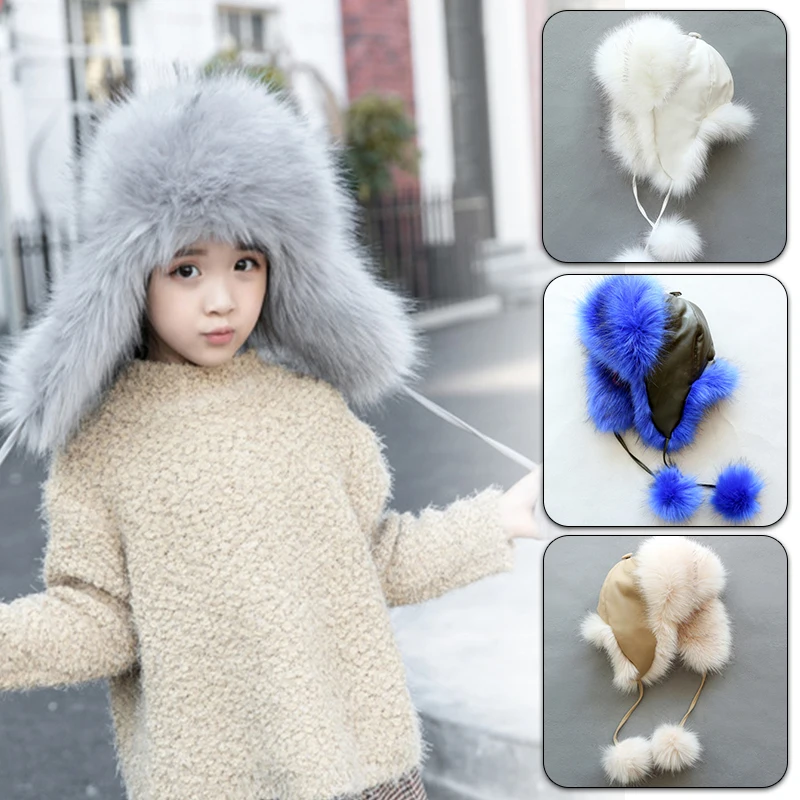 Children Fake Natural Fox Fur Hats Women Winter Windproof Thick Warm Ears Bomber Hat Lady Soft Plush Fluffy Imitation Fur Cap