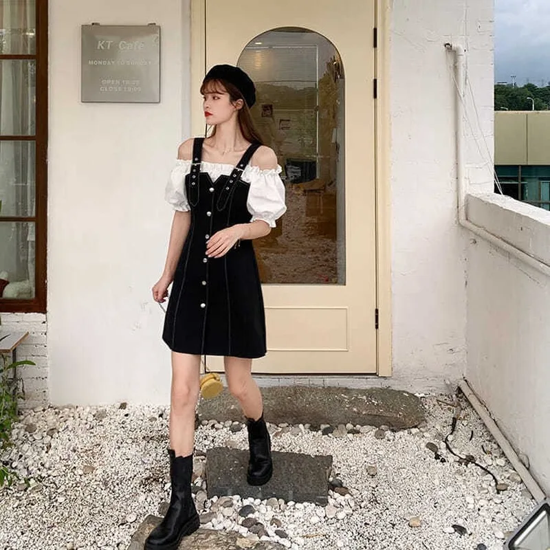 

New style dress elegant dress women plus size word bubble sleeve dress female party dress fake two-piece lace skirt 2021spring