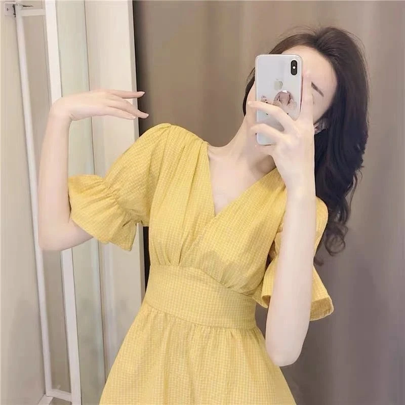 

French First Love Light Yellow Plaid Dress Super Fairy