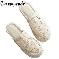 careaymade summerhot sellingwomen soft sole cowhide sandalssplit set foot slippershollow weave slippers2 colors