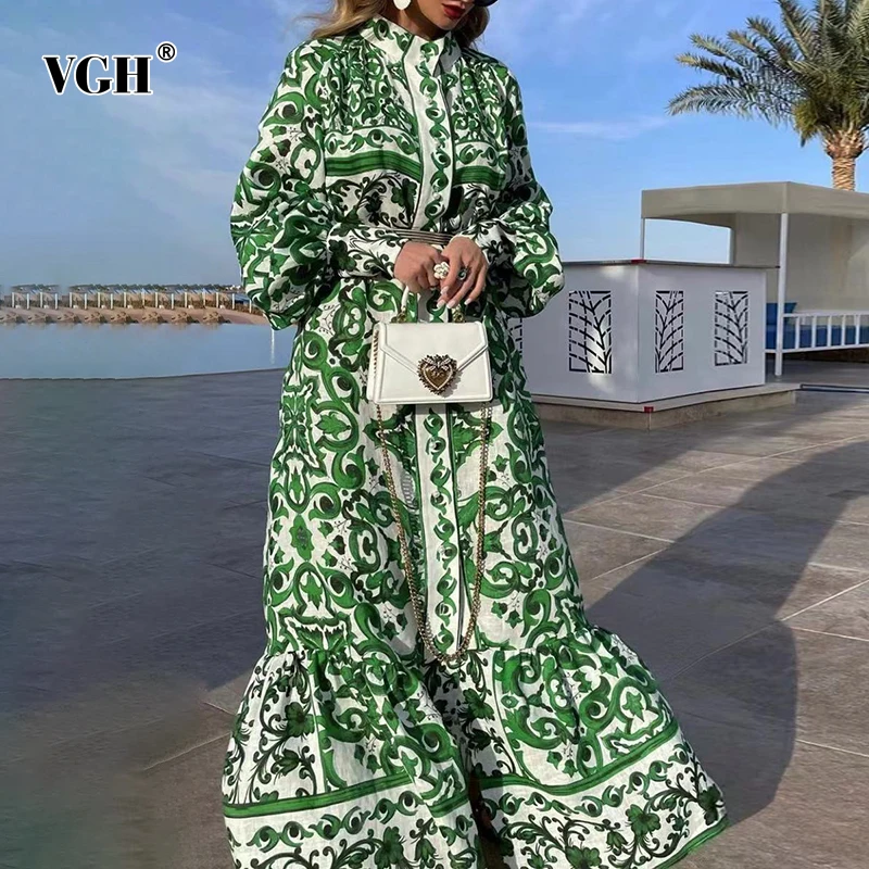 

VGH Vintage Green Print Dress For Women Stand Collar Lantern Long Sleeve High Waist Lace Up Maxi Dresses Female 2021 Fashion New
