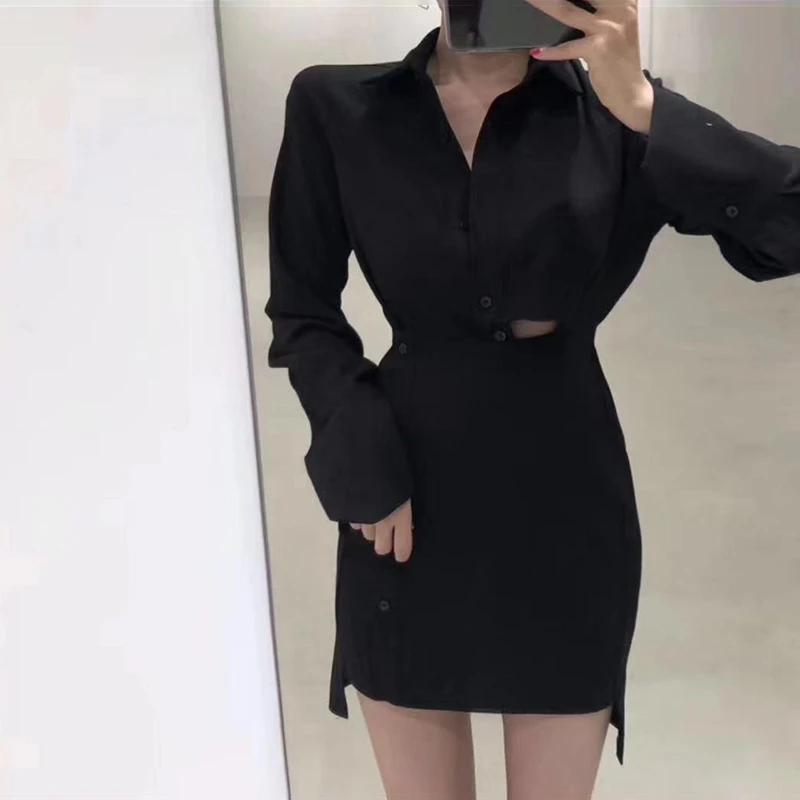 GALCAUR выдалбливают Нерегулярные белые платья для женщин воротник с отворотом