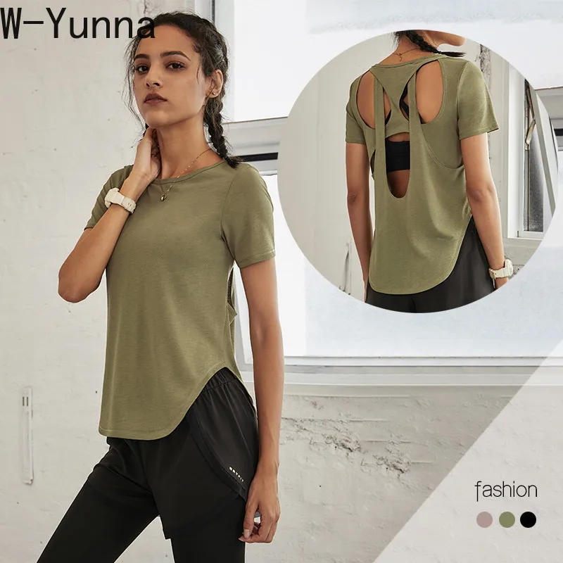 Новинка сексуальные футболки для тренировок W-Yunna с открытой спиной женская