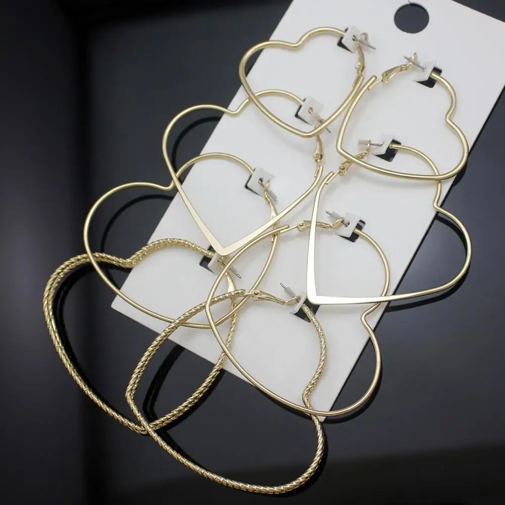 4 пары золотых сердец - большие серьги креолы для фестиваля, хиппи, бохо, цыганский костюм, косплей - бринкос, ообеллены - ювелирные изделия.