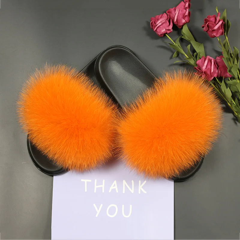 Women's Real Fox Fur Slides Fuzzy Plush Fox Hair  Flurry Slippers Comfort Sliders Sandals Shoes