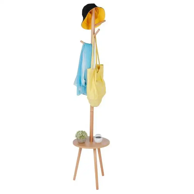 

Wall Wooden Floor Standing Coat Rack Stand with Small Coffee Table for Home Living Room Decor Bathroom Organizer