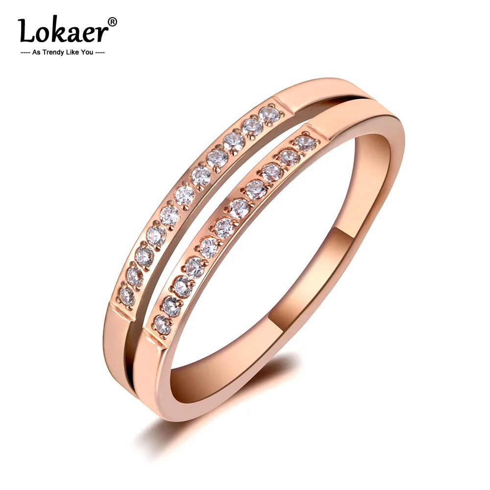 Lokaer, трендовые Свадебные кольца из нержавеющей стали для женщин, розовое золото, двухрядные AAA+ кубический цирконий, женские обручальные ювелирные изделия R19117