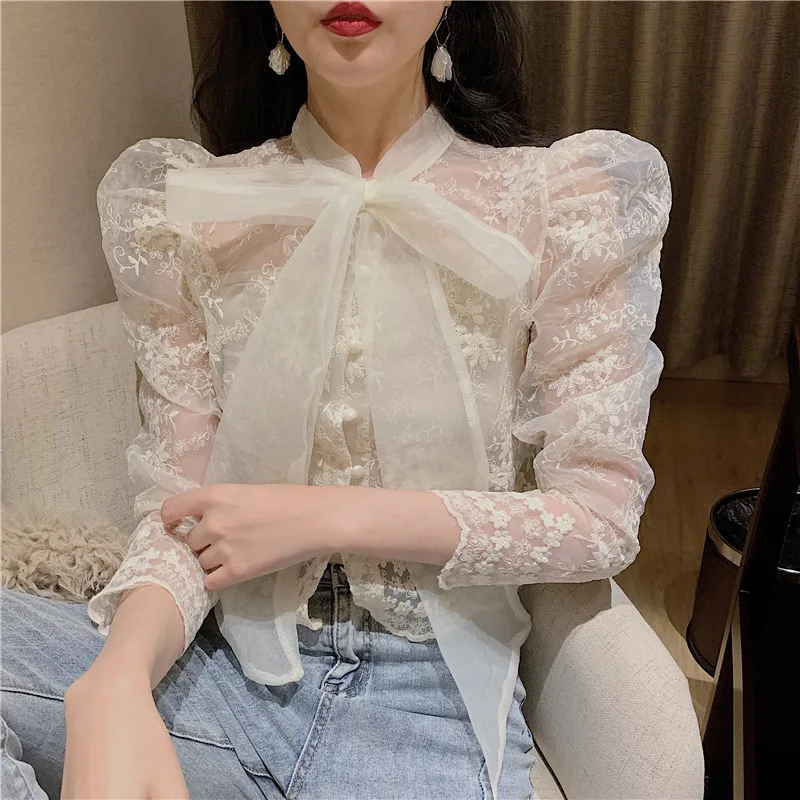 

2023 Brand New 2 Pieces Lace Blouse Bowtie Collar Puff Sleeve Transparent Flower Lace Women Shirt Blusas Mujer