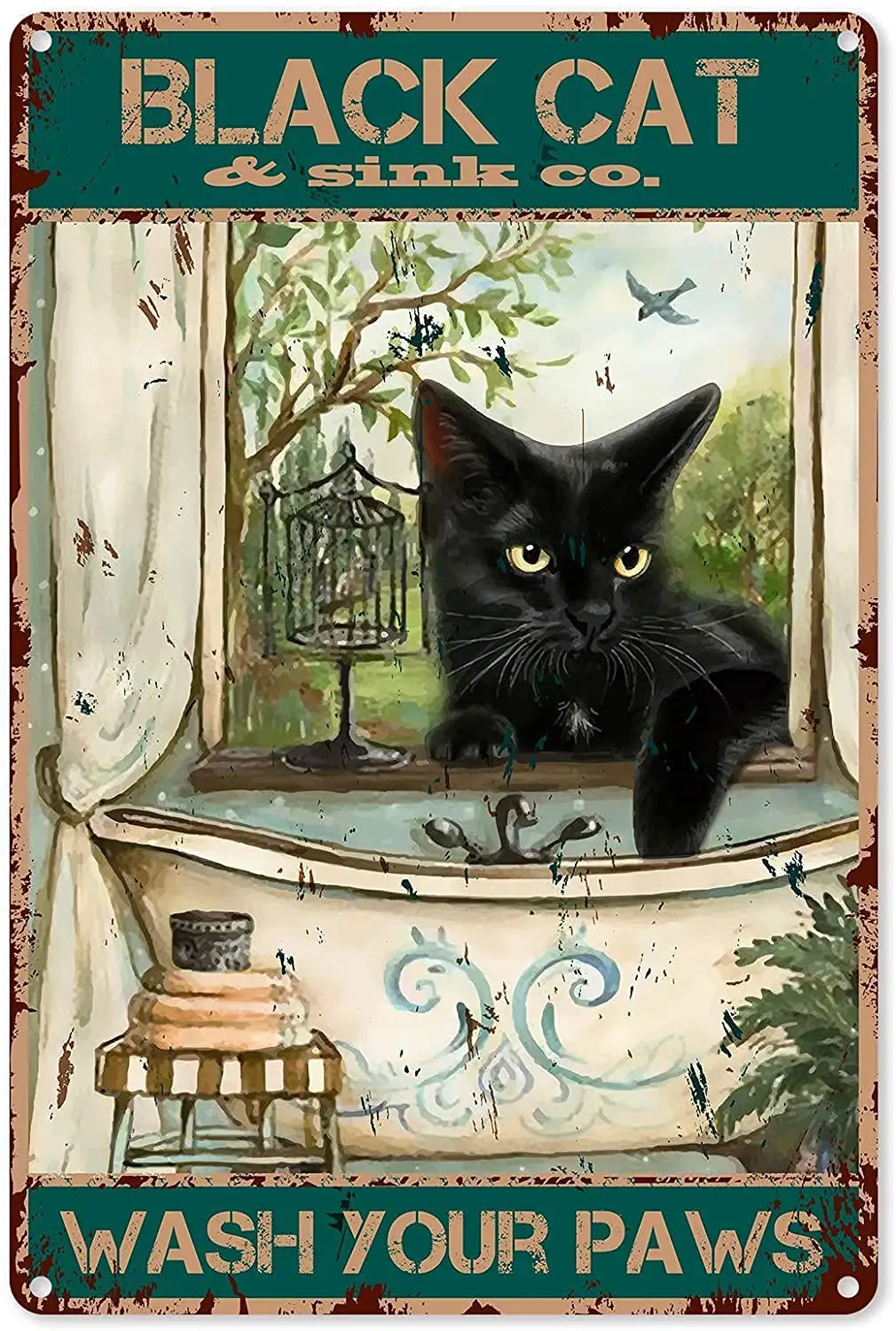 

Funny Bathroom Quote Metal Tin Sign Wall Decor - Vintage Black Cat Wash Your Paws Tin Sign for Office/Home/Classroom Bathroom