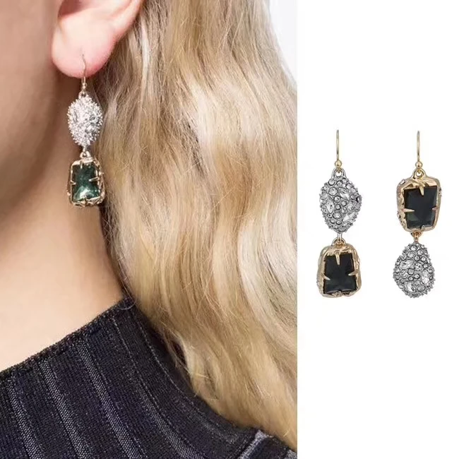 

American AB Fashion Irregular Green Gem Golden Asymmetric Earrings Earrings