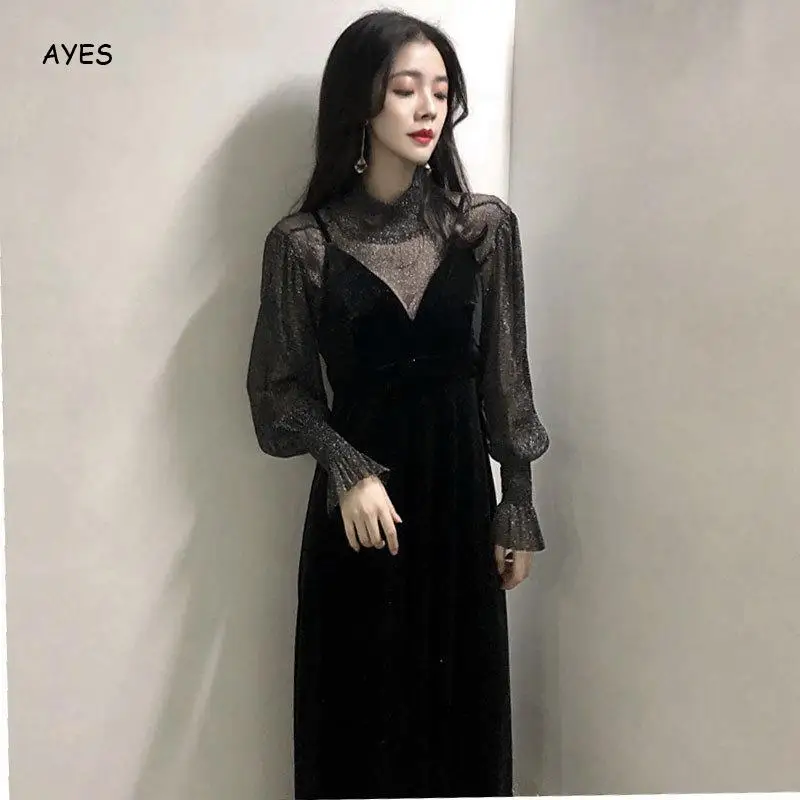 

Женский комплект из 2 предметов, черная блестящая сетчатая рубашка с люрексом + Плиссированное Платье Лонг на бретелях, шикарный модный женс...