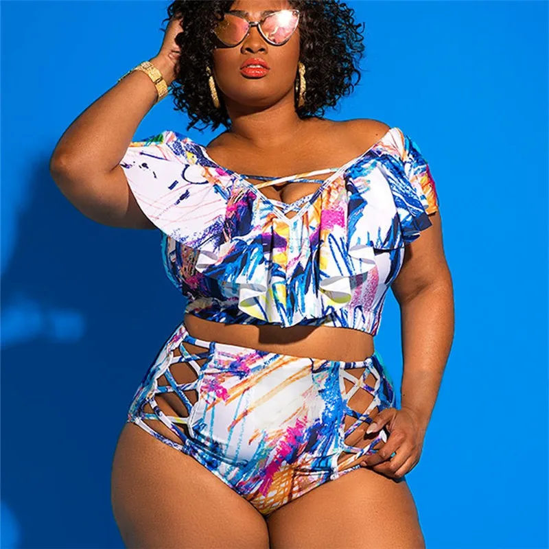 

Ruffle Lace Up Bikinis 2021 Woman Plus Size Swimwear Tankini Swimsuit Big Size Women's High Waist Swimsuits 2021 Large Sizes