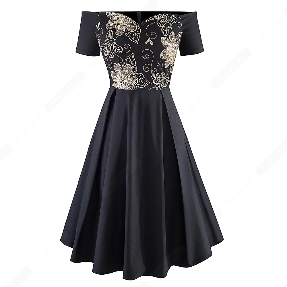 Женское винтажное платье с открытыми плечами черное ТРАПЕЦИЕВИДНОЕ ПЛАТЬЕ