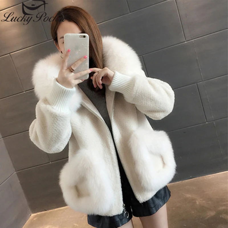 

Women Winter Solid Color Short Thick Casual Fur Coat Ladies Fashion Loose Plus Size Big Pocket Purple With Cap Plush Coat ZY115
