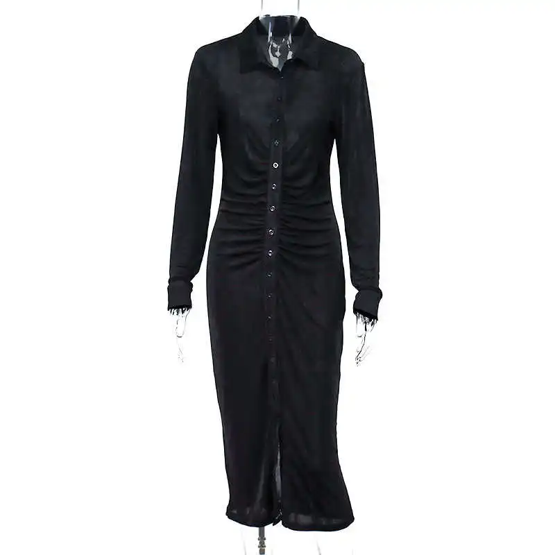 

Black Winter Dress Women Turndown Collar Long Sleeve Casual Dresses See Through Sexy Midi Dress Streetwear 2020