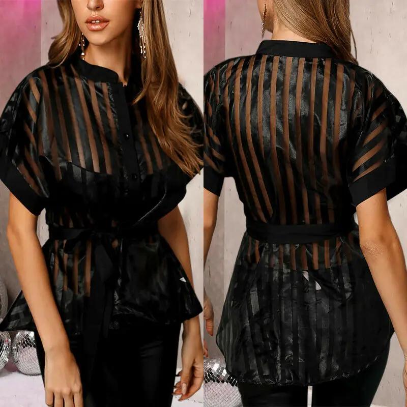 

New Fashion Women Striped Mesh Sheer Shirt See-through Short Sleeve Top Shirt Pearl Button Transparent White Shirt Female Blusas