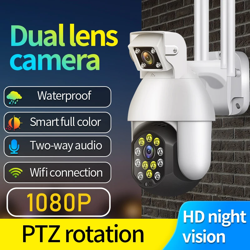

1080P двойной объектив безопасности PTZ IP камера WIFI беспроводная наружная Водонепроницаемая ИК CCTV камера с 16 Светодиодный светильник датчиком ...