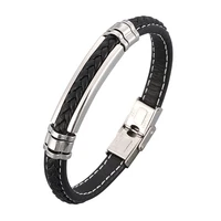 high quality punk stainless steel cortex bracelet bangles men black leather bracelets for mens jewelry bb1043