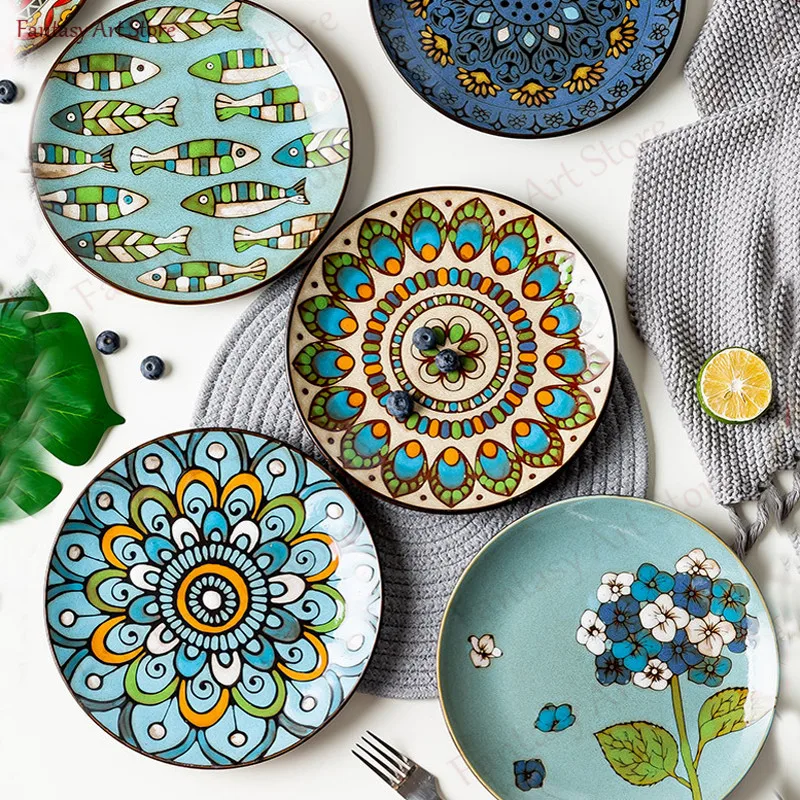 

Обеденная тарелка из костяного фарфора, 8,5 дюйма, набор керамических дисков в стиле ретро с цветными цветами и птицами, ручная роспись, европ...