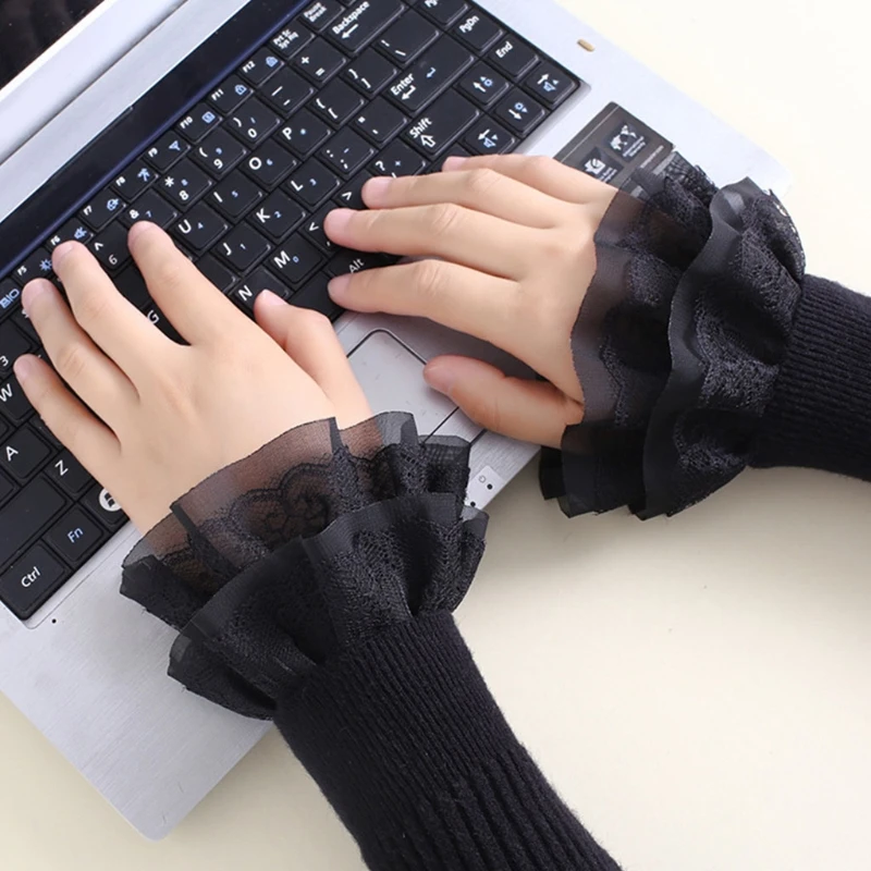 Literary Women Sweet Fake Sleeves Double Layer Ruffles Lace Detachable Flared Cuffs Sweater Decorative Wrist Warmers |