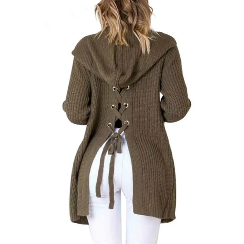 

Fashion Style Thickening Medium Long Knitted Sweater Coat Female XL Lace Up Version Loose Leisure Cardigan Open Stitch