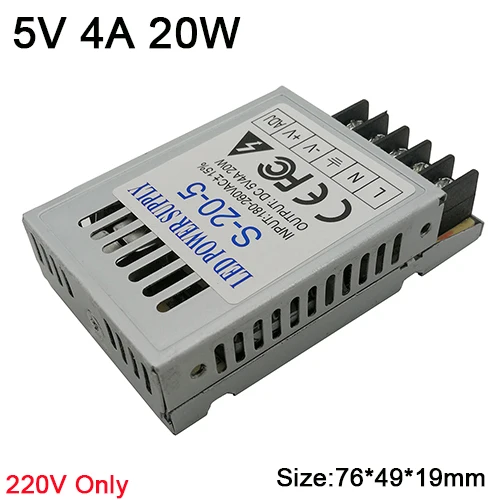 5V 4A 20W Ультра тонкий переключатель Питание DC 5V трансформаторы AC220V для DC5V 4A 20A 30A 40A 60A светодиодный драйвер преобразователя для Светодиодный полоски - Цвет: 5V 4A 20W