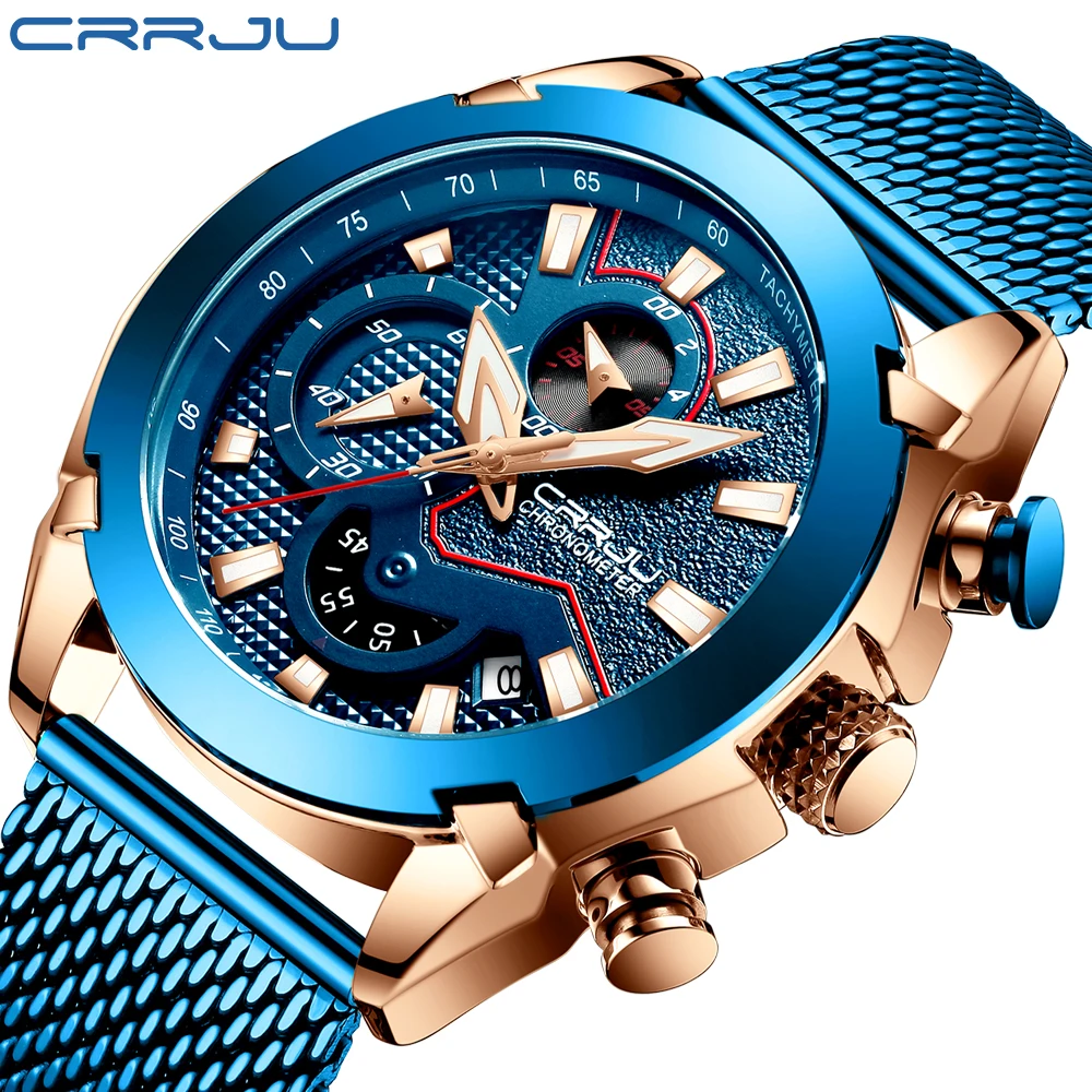 

CRRJU men's classic style mesh belt watch, business travel essentials, durable quartz men's watch
