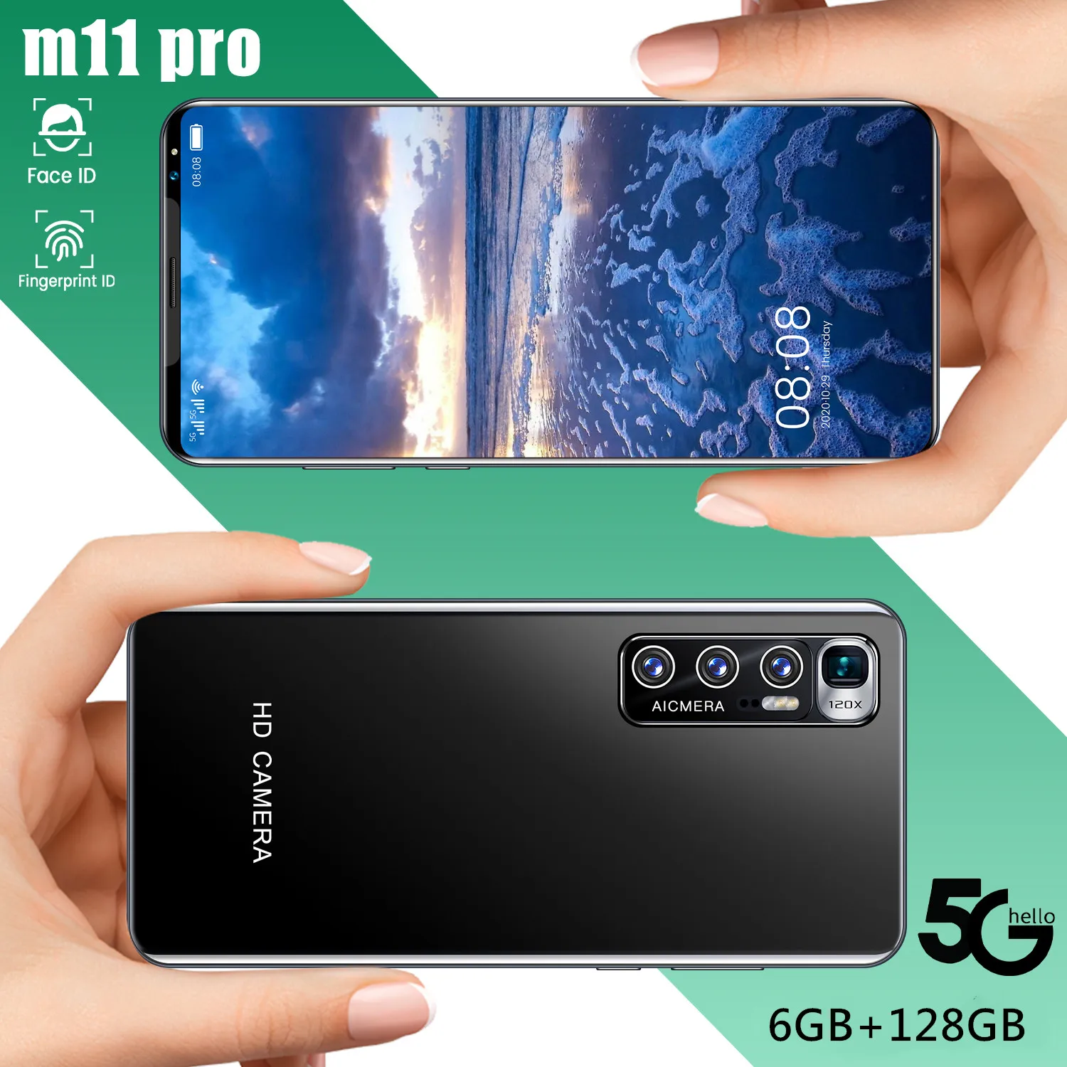 

M11 Pro 5.5 Inch 6+128GB Fingerprint ID Dual SIM 10 Core 5600mAh 24+32MP Mobile Phone MTK6889 Andriod 10.1 Smart Phone Global